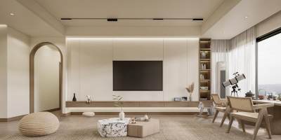 现代奶油风客厅 原木电视背景墙